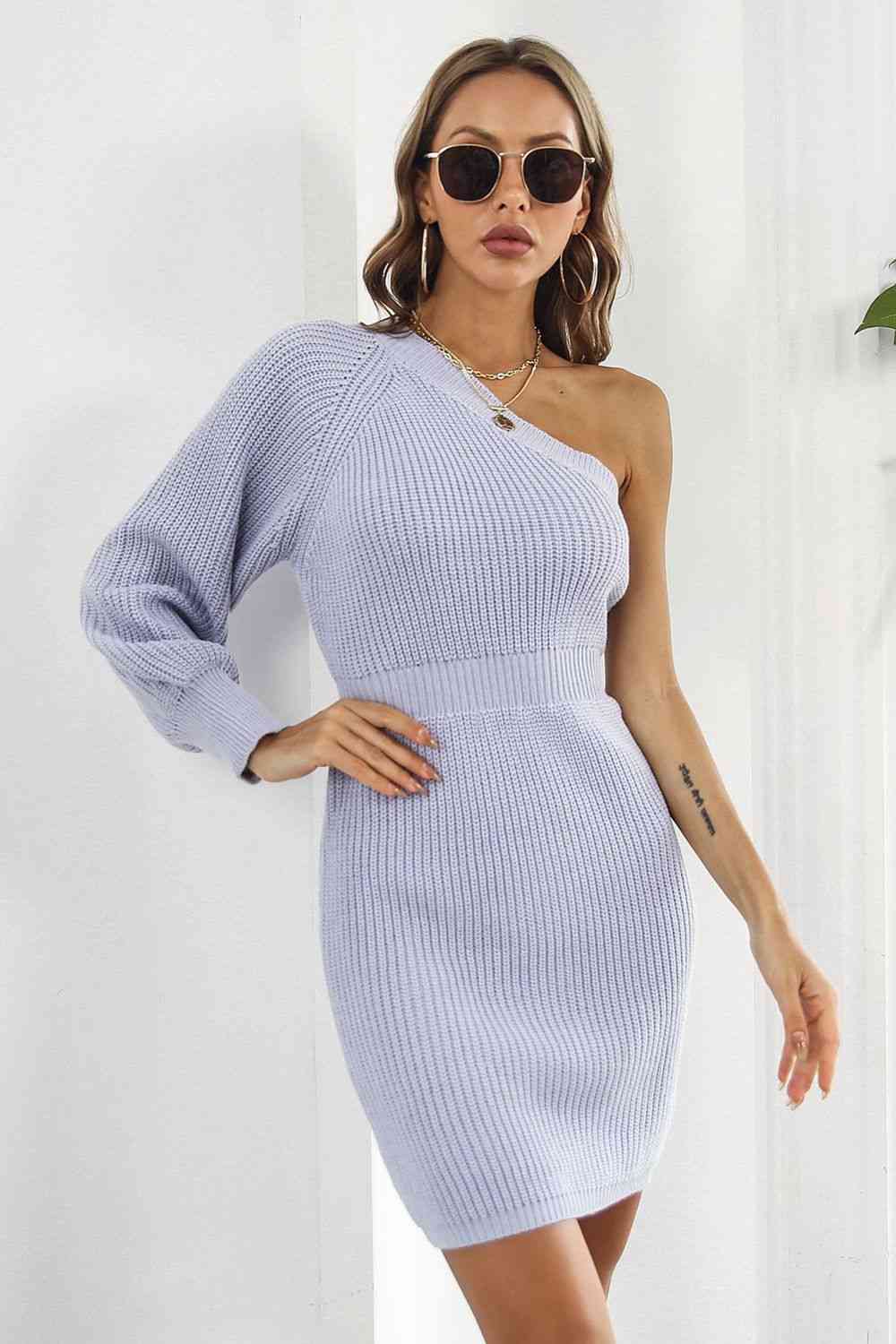 One Shoulder Raglan Sleeve Pencil Sweater Dress - Ladyez