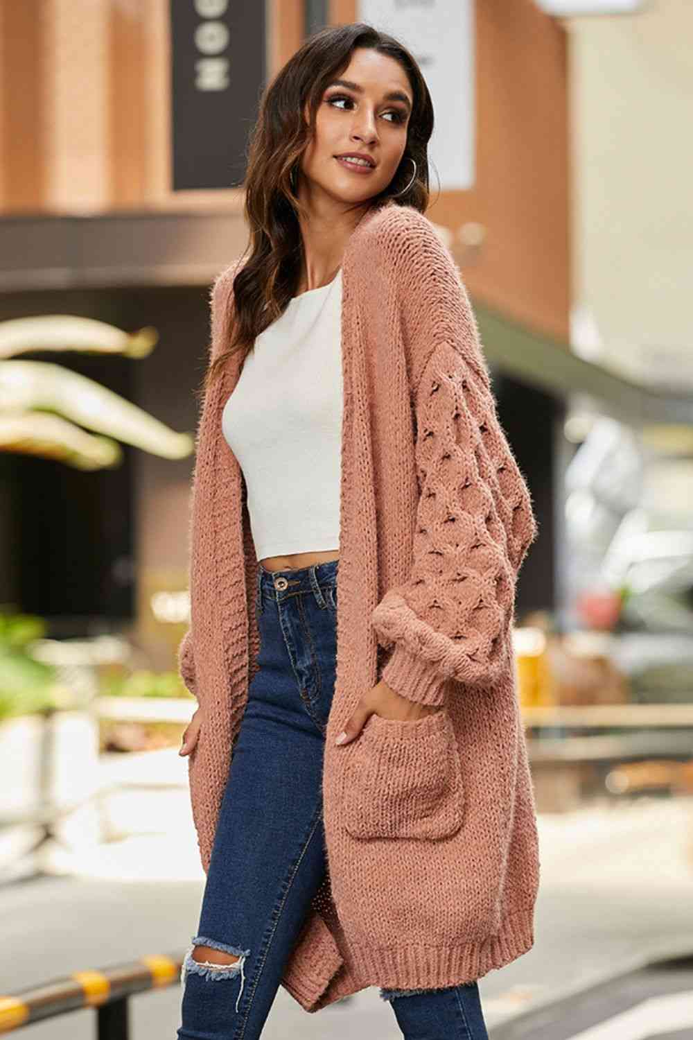 Open Front Ribbed Trim Duster Cardigan - Ladyez