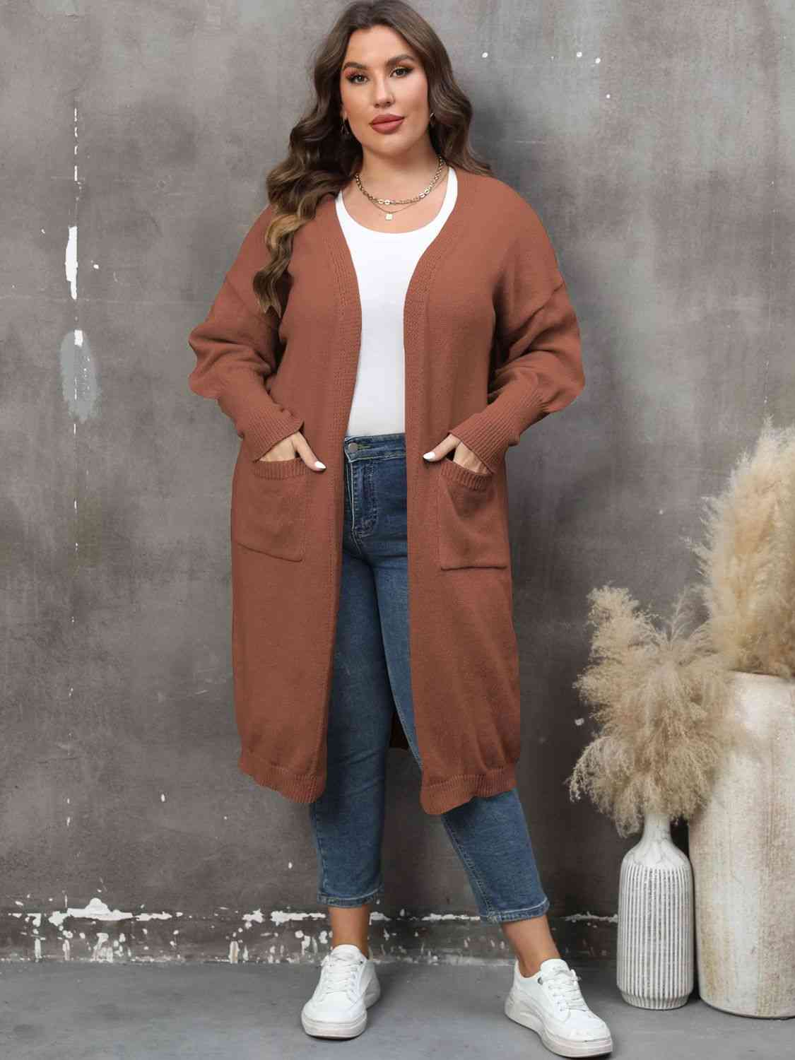 Plus Size Long Sleeve Pocketed Cardigan - Ladyez