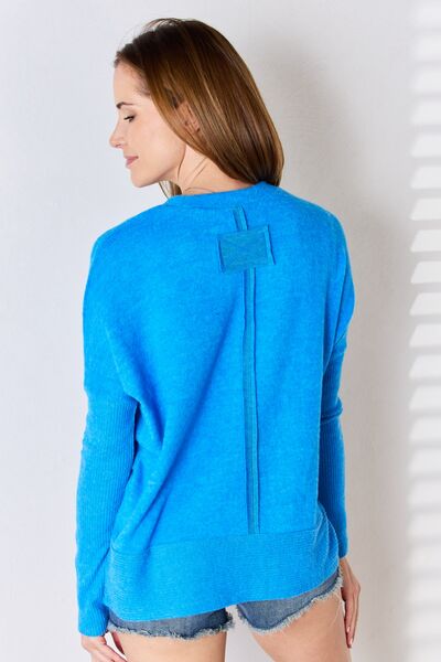 Zenana Ribbed Trim Round Neck Long Sleeve Top - Ladyez