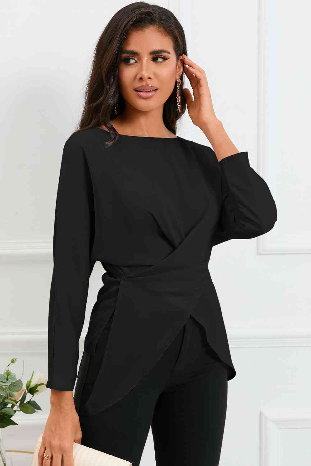 Boat Neck Back Tie Long Sleeve Satin Blouse - Ladyez