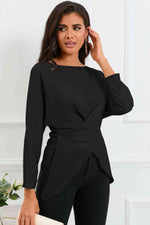 Boat Neck Back Tie Long Sleeve Satin Blouse - Ladyez