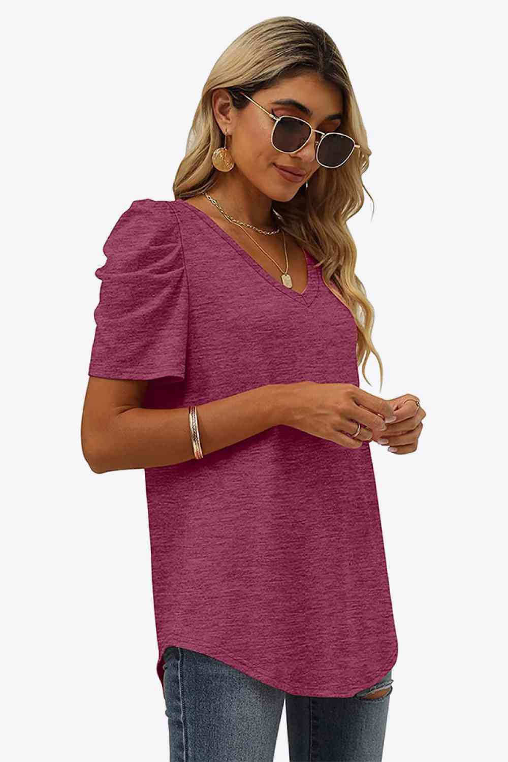 V-Neck Puff Sleeve Tee - Ladyez