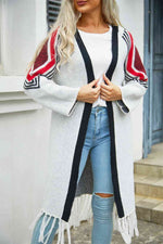 Double Take Geometric Fringe Hem Open Front Duster Cardigan - Ladyez