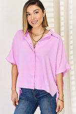 Zenana Texture Button Up Short Sleeve High-Low Shirt - Ladyez