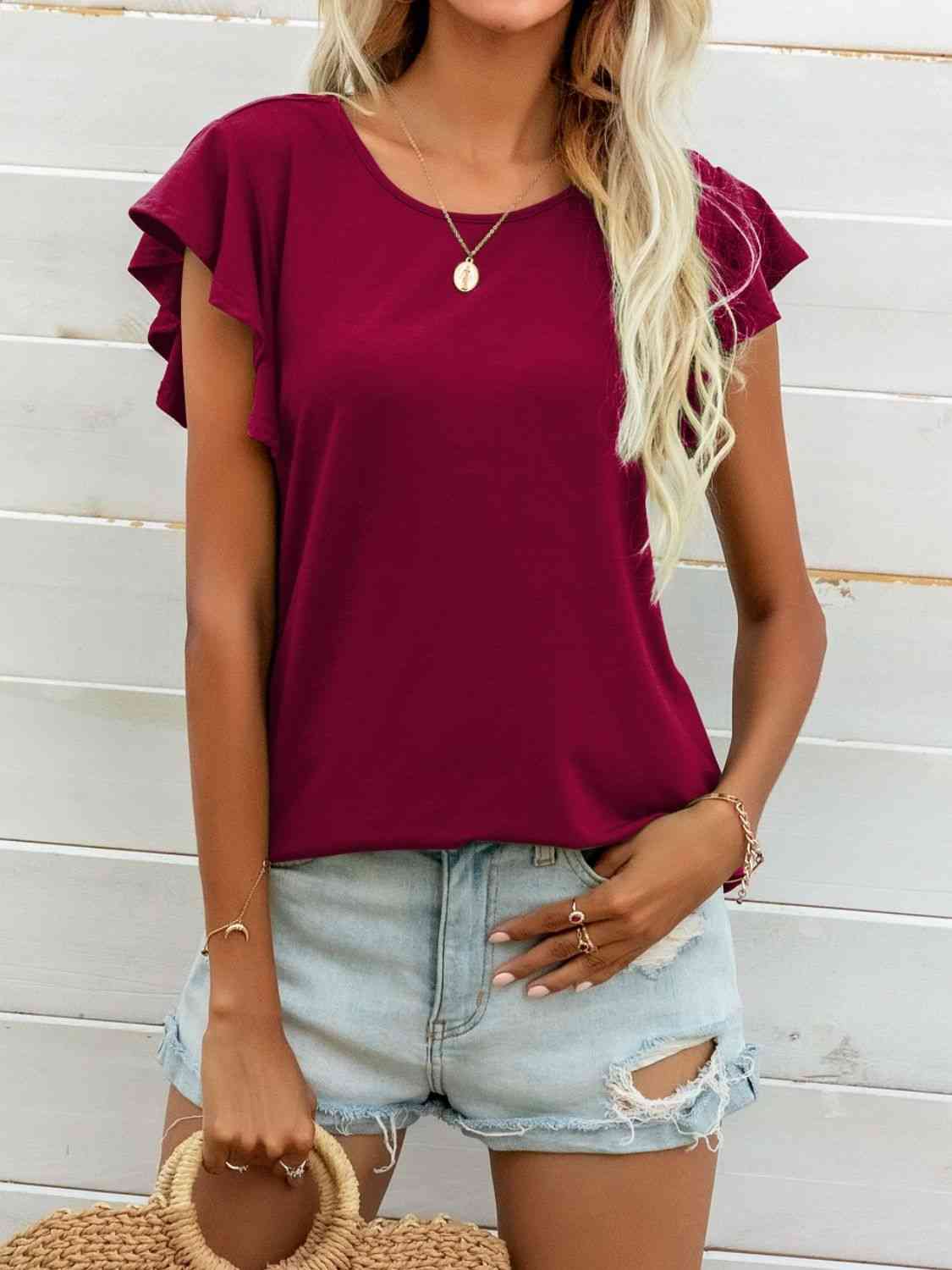 Round Neck Butterfly Sleeve Top - Ladyez