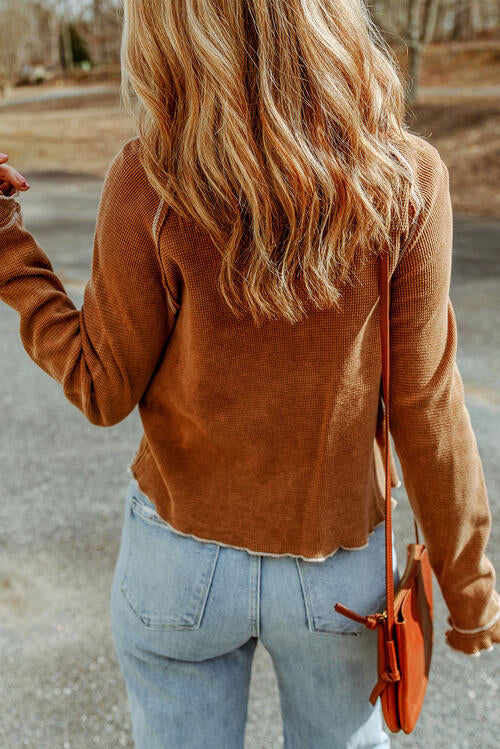 Plus Size Waffle-Knit Round Neck Long Sleeve Blouse - Ladyez