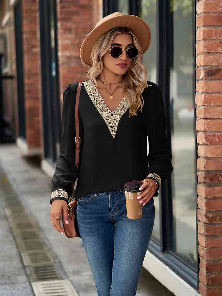 V-Neck Long Sleeve Blouse - Ladyez