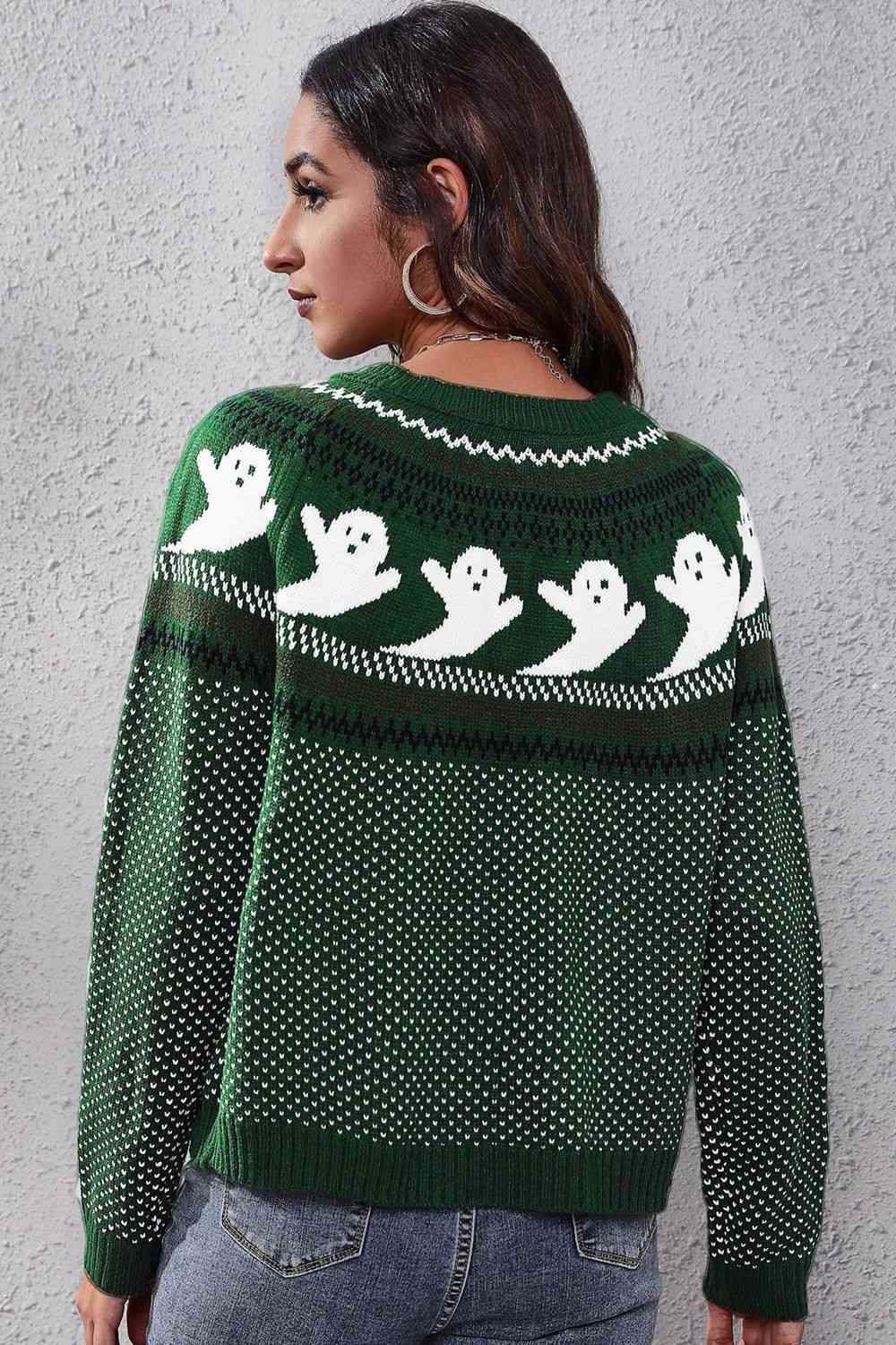 Ghost Pattern Round Neck Long Sleeve Sweater - Ladyez