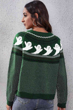 Ghost Pattern Round Neck Long Sleeve Sweater - Ladyez