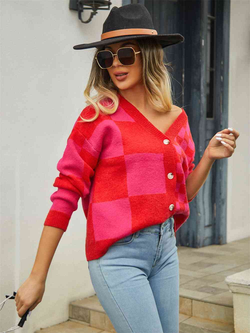 Plaid V-Neck Dropped Shoulder Cardigan - Ladyez