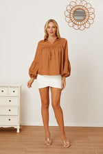 Balloon Sleeve Collared Neck Blouse - Ladyez