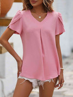 Ruche V-Neck Petal Sleeve Top - Ladyez