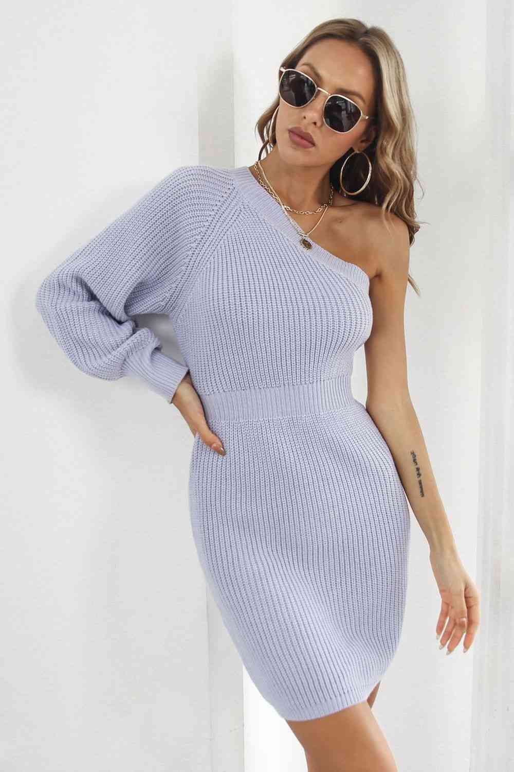 One Shoulder Raglan Sleeve Pencil Sweater Dress - Ladyez