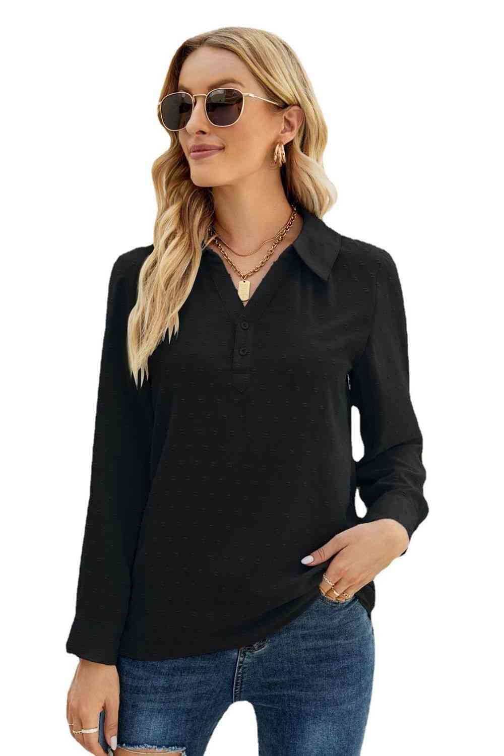Swiss Dot Johnny Collar Blouse - Ladyez