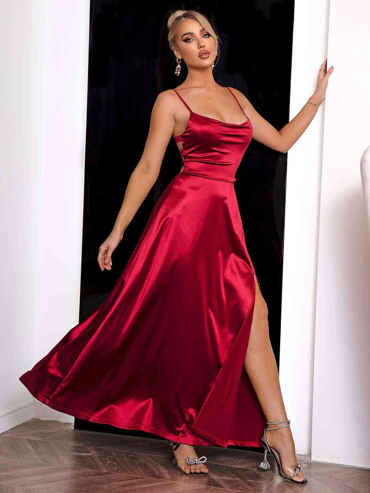 Spaghetti Strap Lace-Up Back Split Dress - Ladyez
