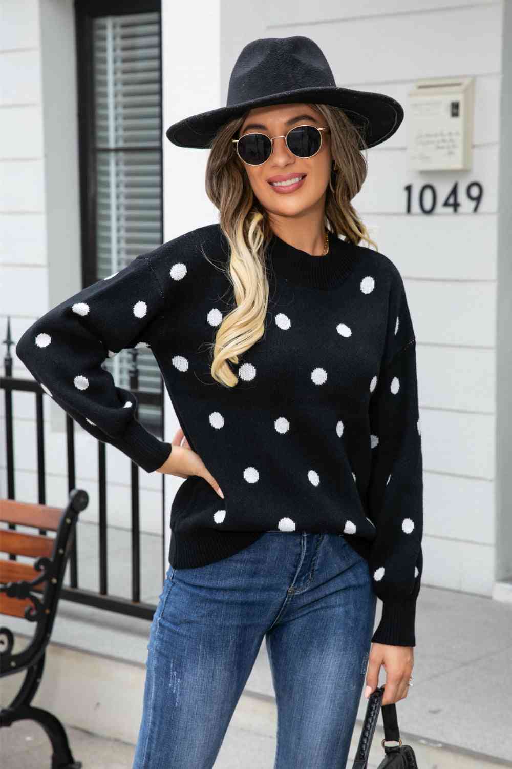 Woven Right Polka Dot Round Neck Dropped Shoulder Sweater - Ladyez