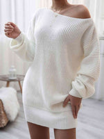 Rib-Knit Balloon Sleeve Boat Neck Sweater Dress - Ladyez