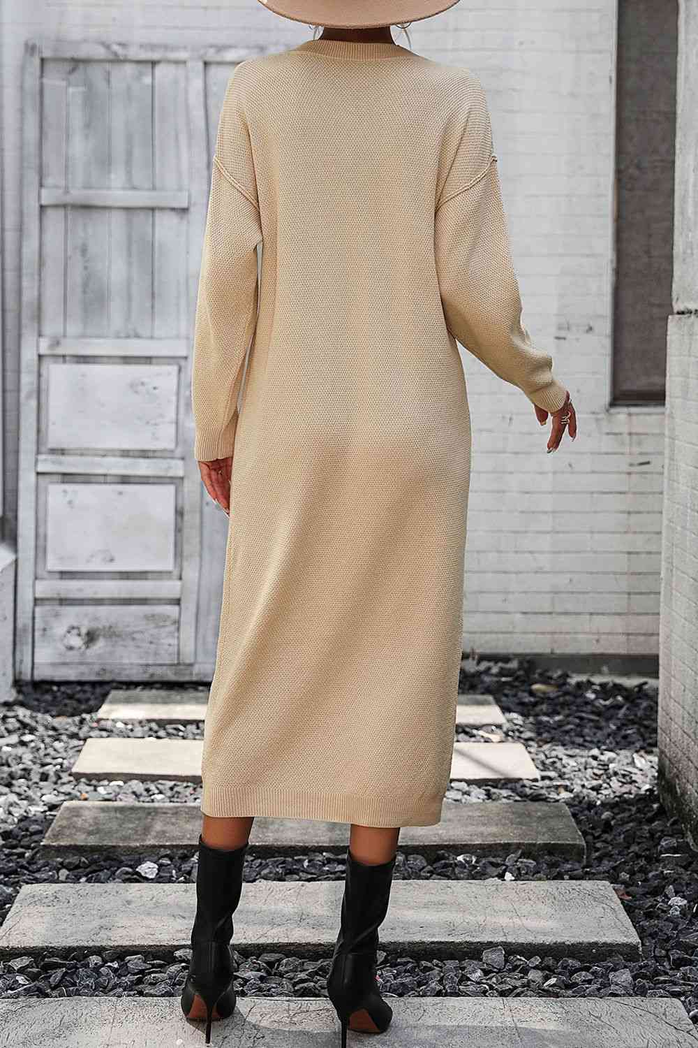 Notched Neck Dropped Shoulder Button-Down Midi Dress - Ladyez