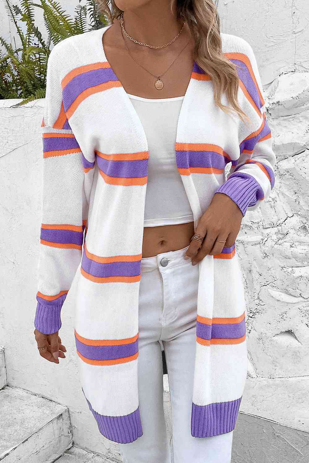 Striped Dropped Shoulder Cardigan - Ladyez