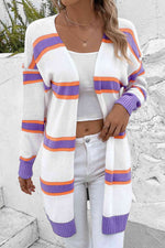 Striped Dropped Shoulder Cardigan - Ladyez