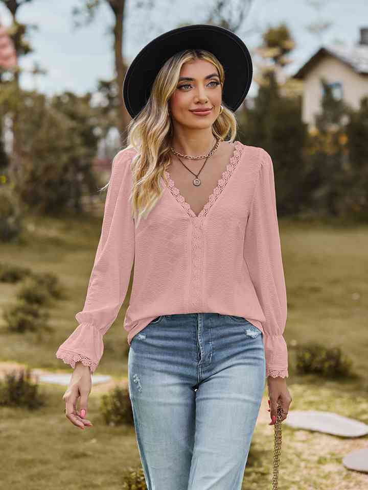 V-Neck Flounce Sleeve Blouse - Ladyez