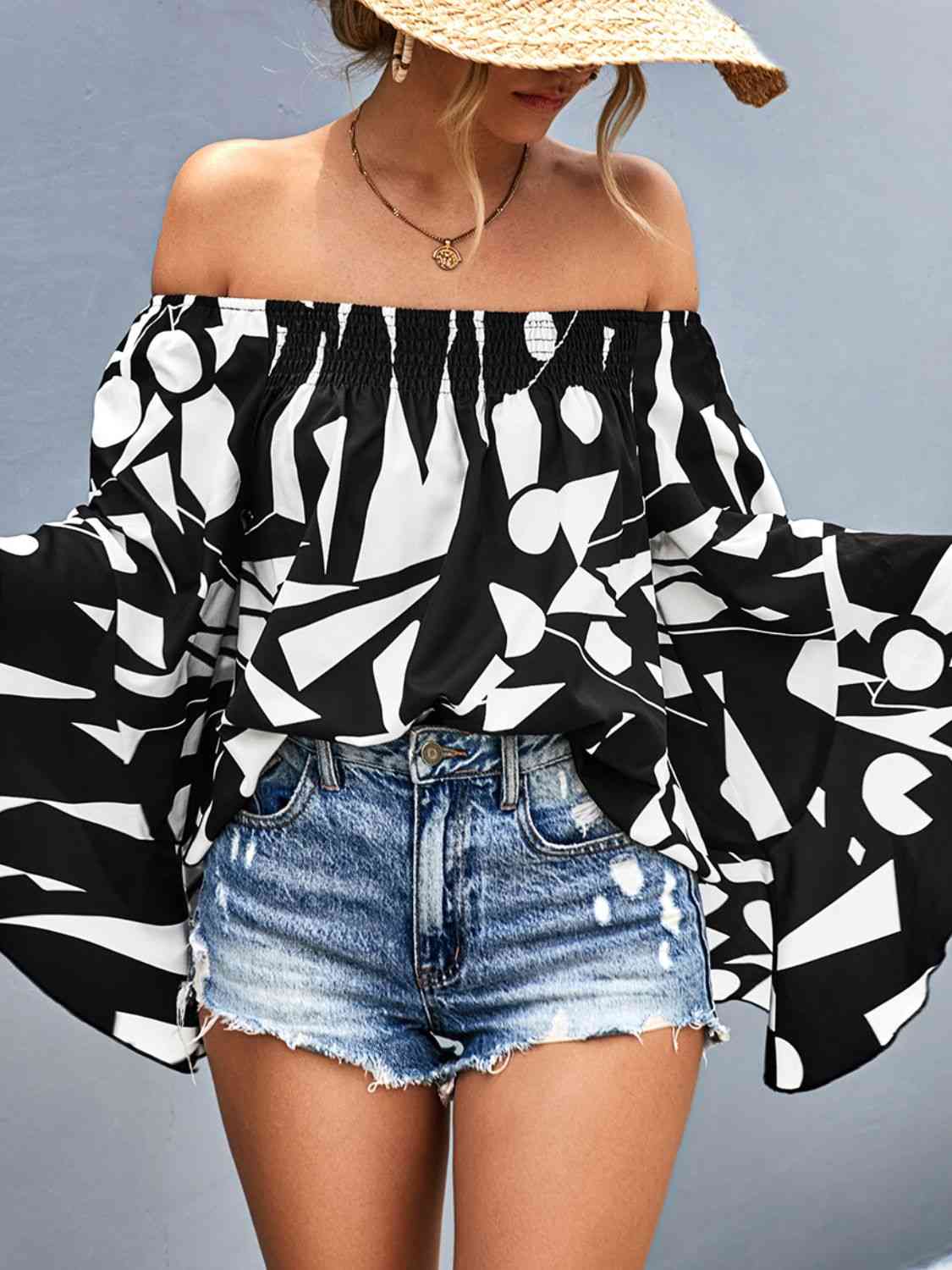 Printed Off-Shoulder Bell Sleeve Blouse - Ladyez