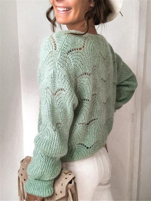 Openwork Button Up Long Sleeve Cardigan - Ladyez
