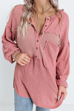 Half Button Raw Hem Long Sleeve Blouse - Ladyez