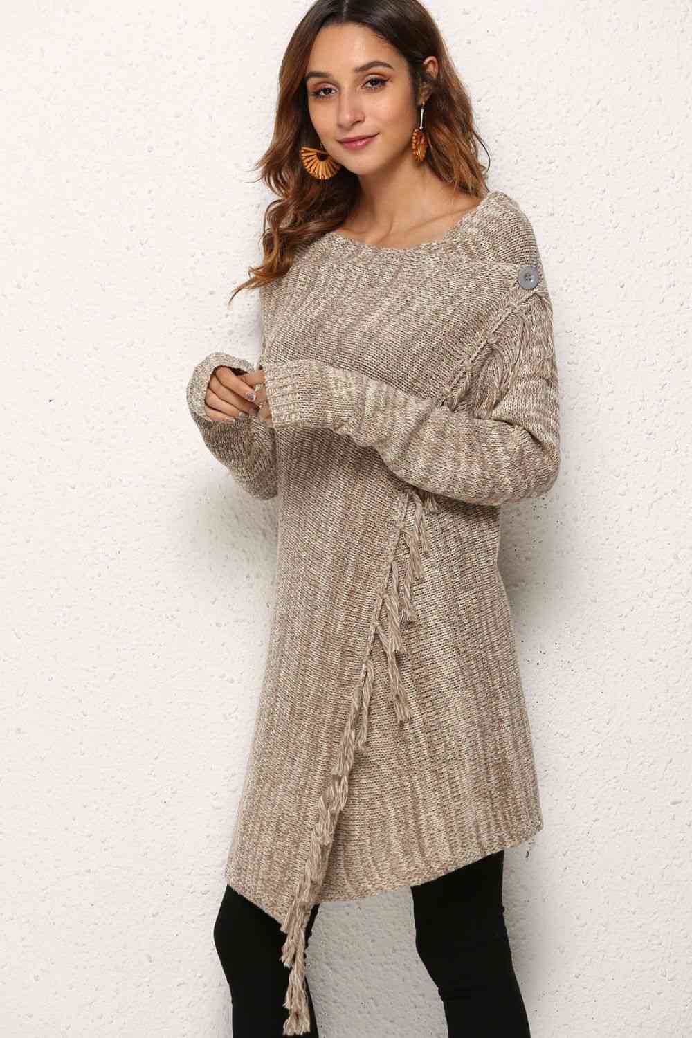 One-Button Tassel Tie Asymmetrical Hem Cardigan - Ladyez