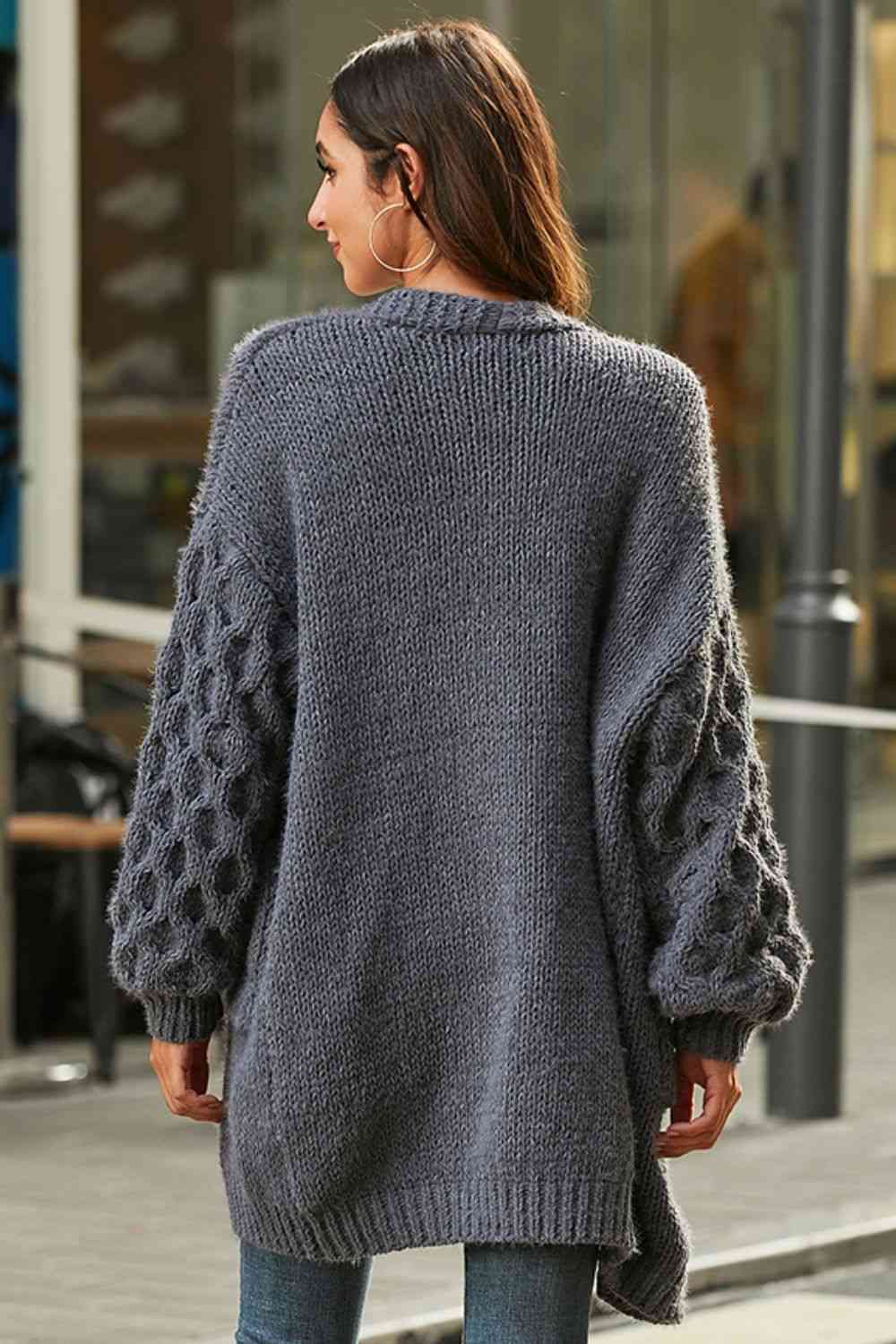 Open Front Ribbed Trim Duster Cardigan - Ladyez