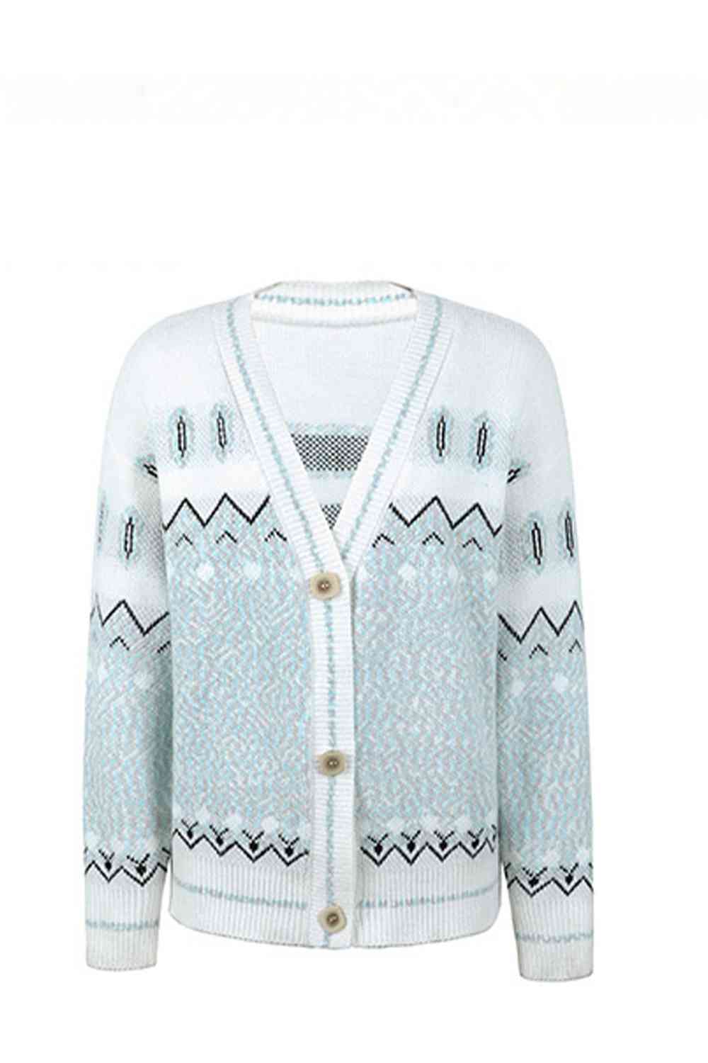 Printed V-Neck Buttoned Cardigan - Ladyez