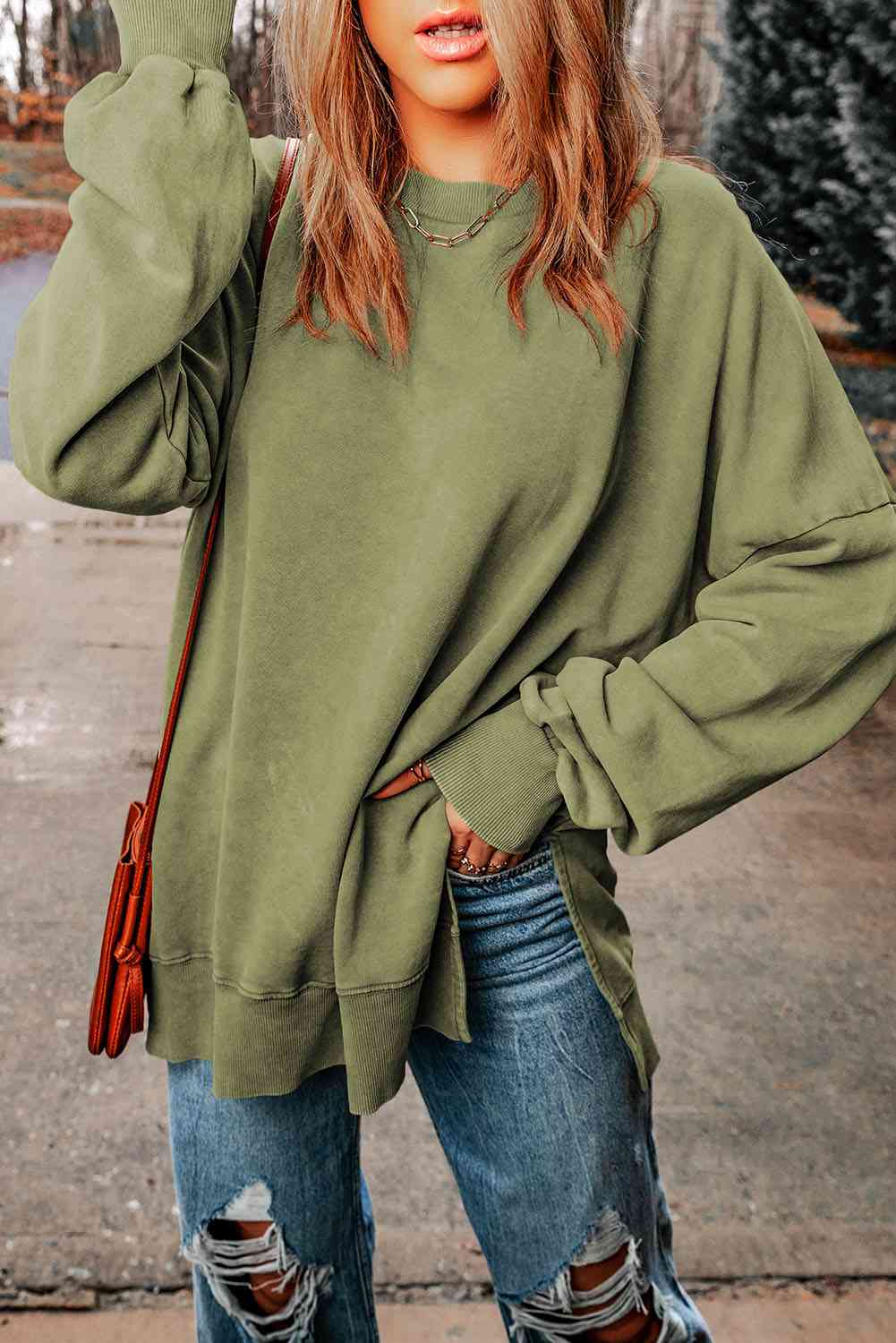 Dropped Shoulder Round Neck Long Sleeve Blouse - Ladyez