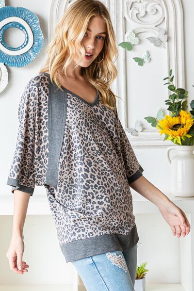 Heimish Full Size Leopard Contrast V-Neck Half Sleeve T-Shirt - Ladyez