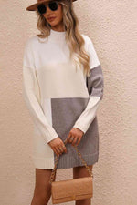 Color Block Mock Neck Dropped Shoulder Sweater Dress - Ladyez