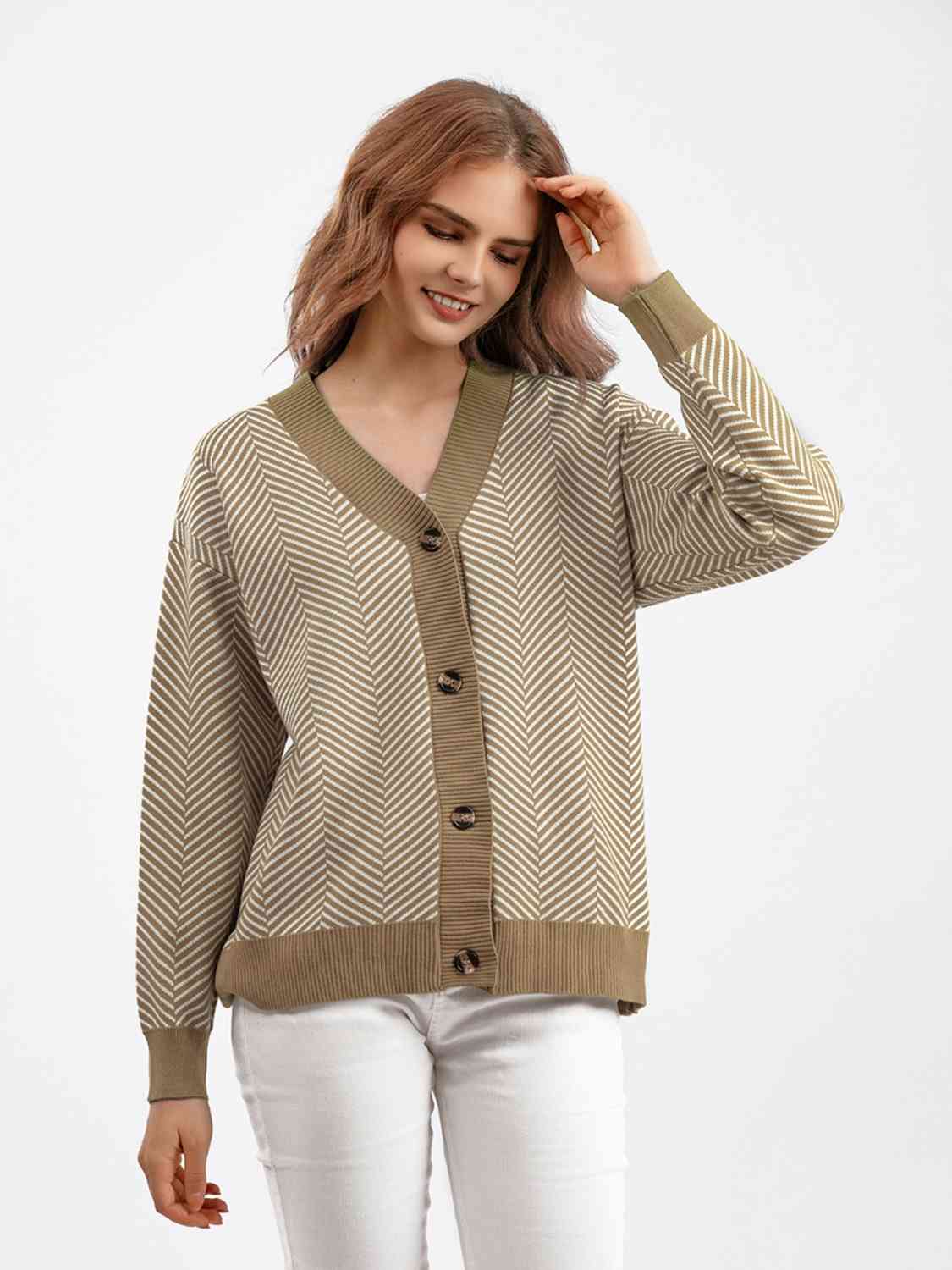 Button Down V-Neck Cardigan - Ladyez