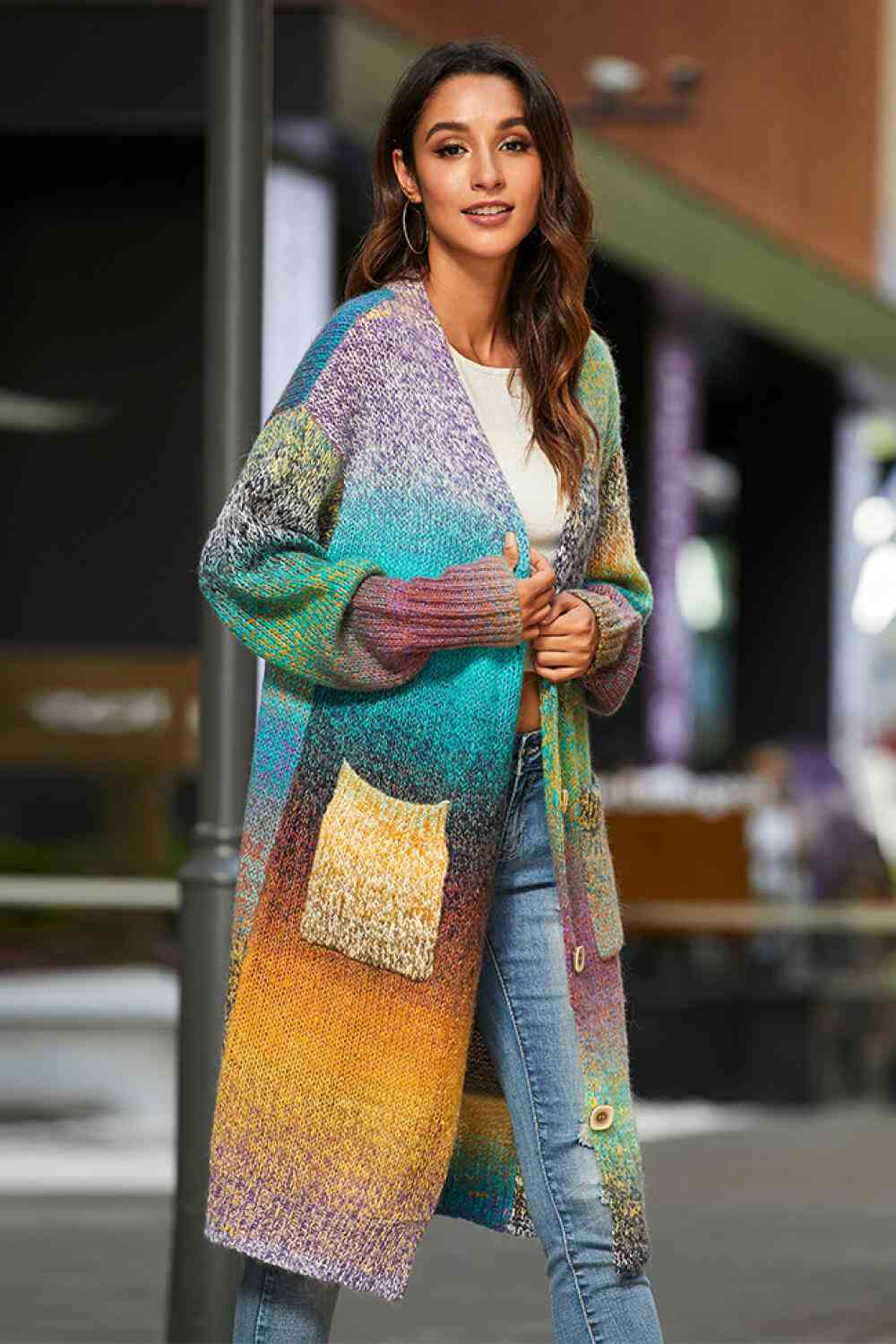 Gradient Button Down Duster Cardigan with Pockets - Ladyez