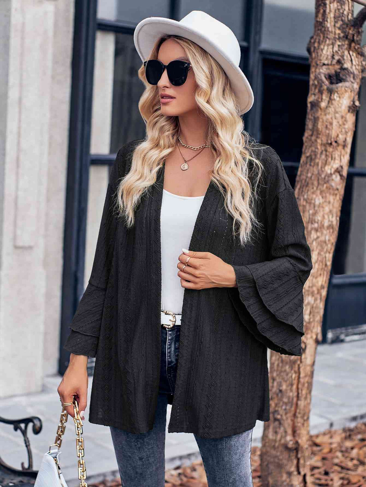 Eyelet Bell Sleeve Cardigan - Ladyez