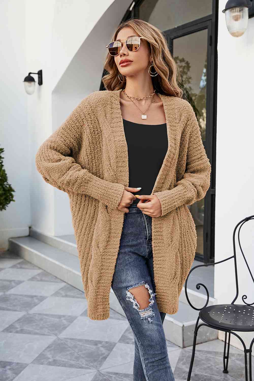 Open Front Dolman Sleeve Cardigan - Ladyez