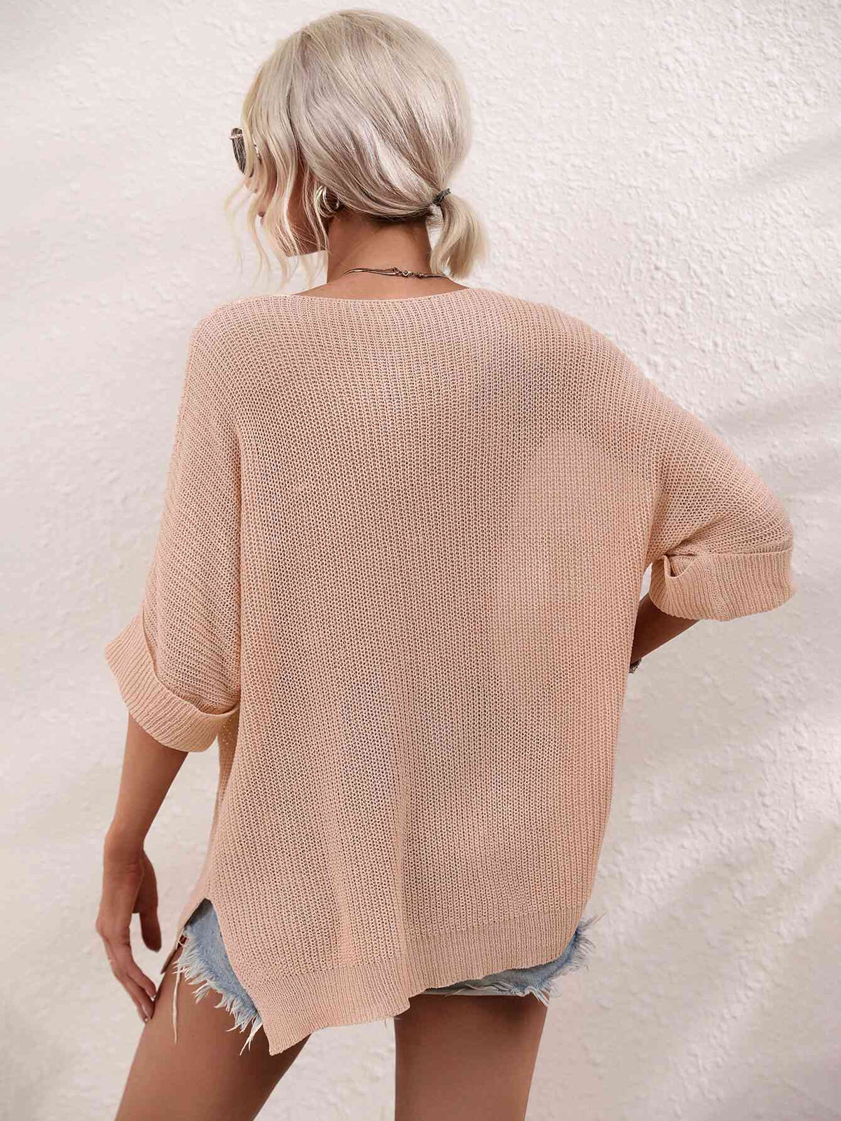 Boat Neck Cuffed Sleeve Slit Tunic Knit Top - Ladyez