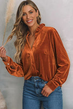 Notched Frill Detail Long Sleeve Blouse - Ladyez