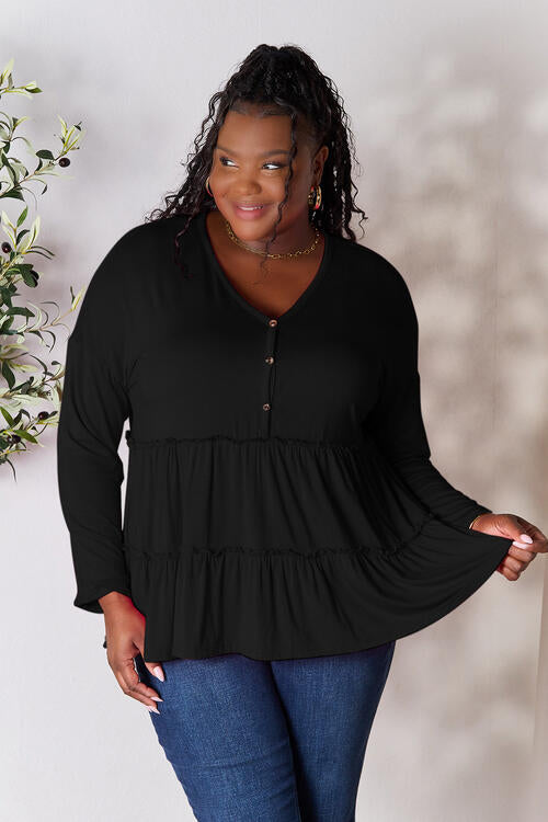 Double Take Half Button Long Sleeve Ruffle Hem Blouse - Ladyez
