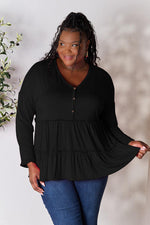 Double Take Half Button Long Sleeve Ruffle Hem Blouse - Ladyez