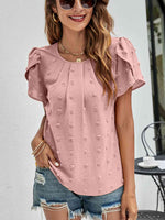 Swiss Dot Round Neck Petal Sleeve Top - Ladyez