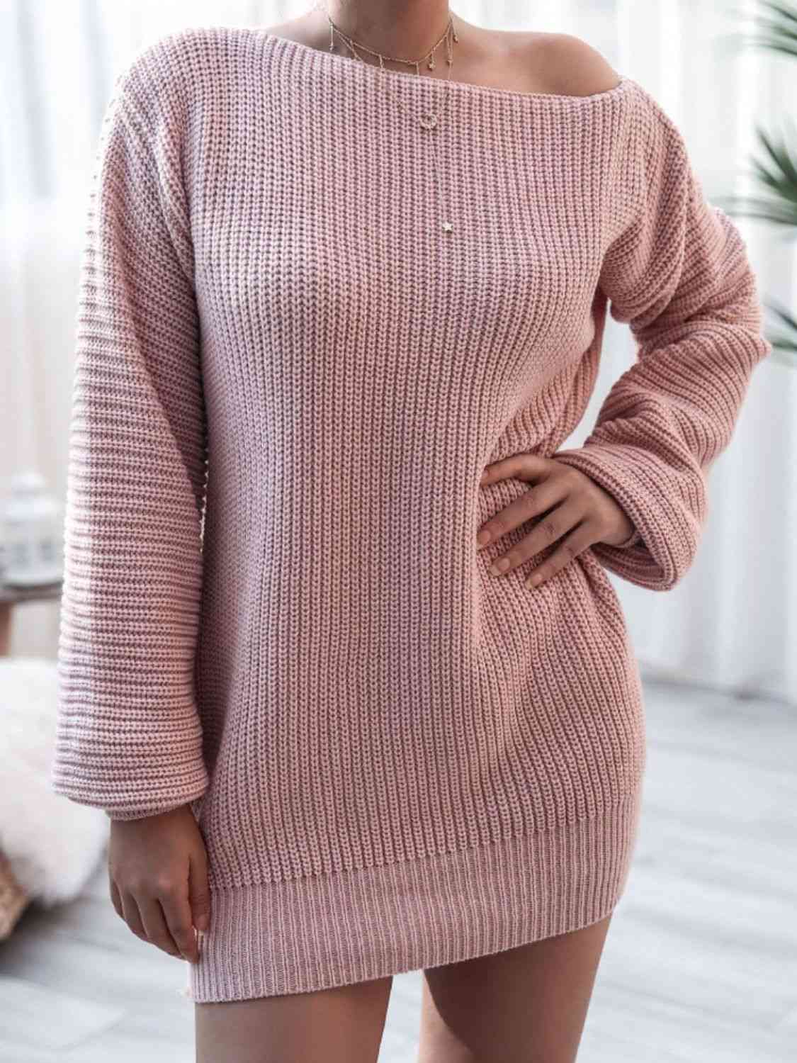 Rib-Knit Balloon Sleeve Boat Neck Sweater Dress - Ladyez