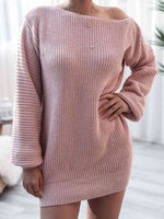 Rib-Knit Balloon Sleeve Boat Neck Sweater Dress - Ladyez
