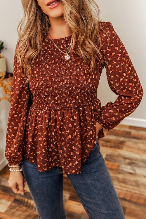 Floral Smocked Ruffle Hem Long Sleeve Blouse - Ladyez