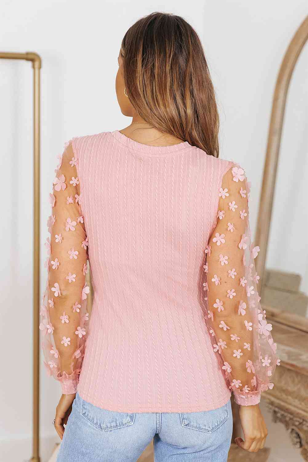 Double Take Textured Applique Long Sleeve Blouse - Ladyez