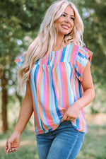 Multicolored Stripe Flutter Sleeve Blouse - Ladyez