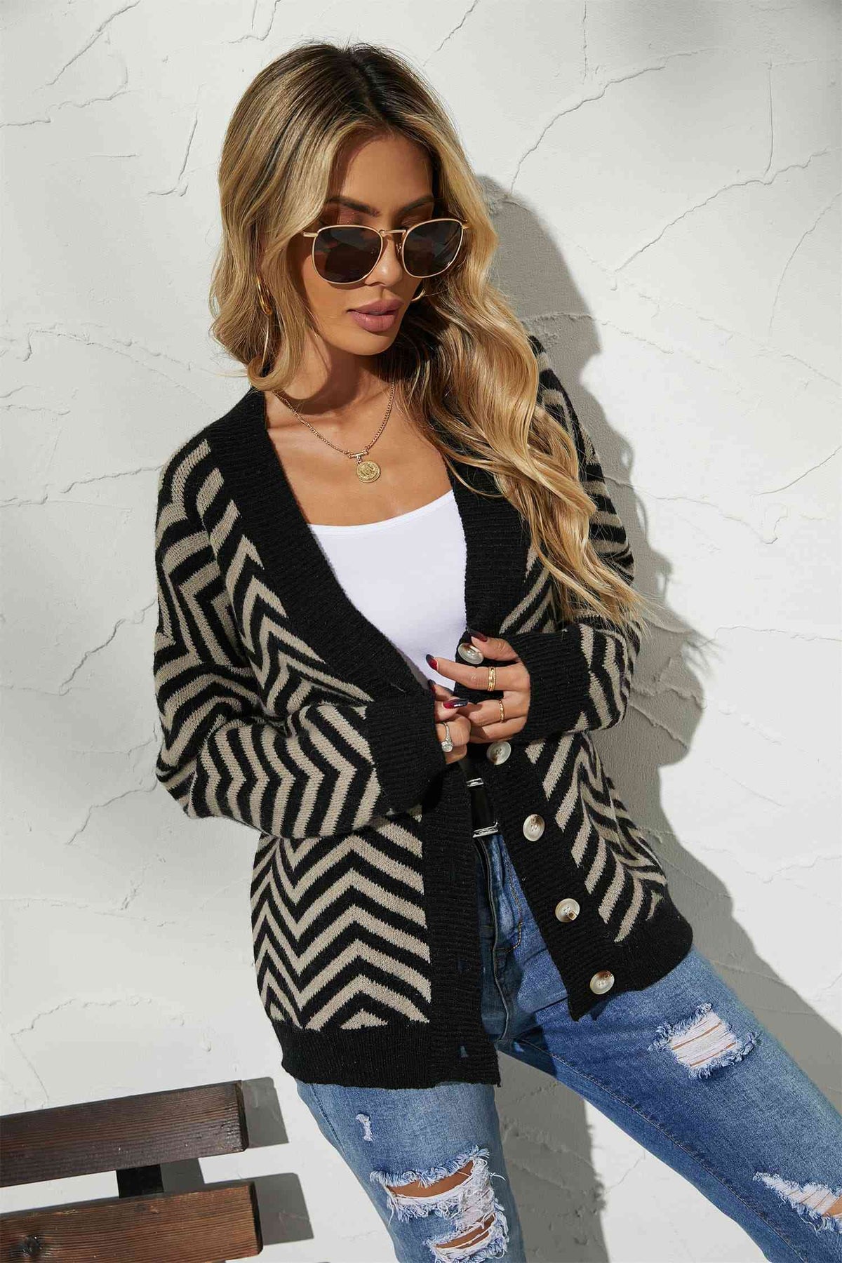 V-Neck Button-Down Cardigan - Ladyez